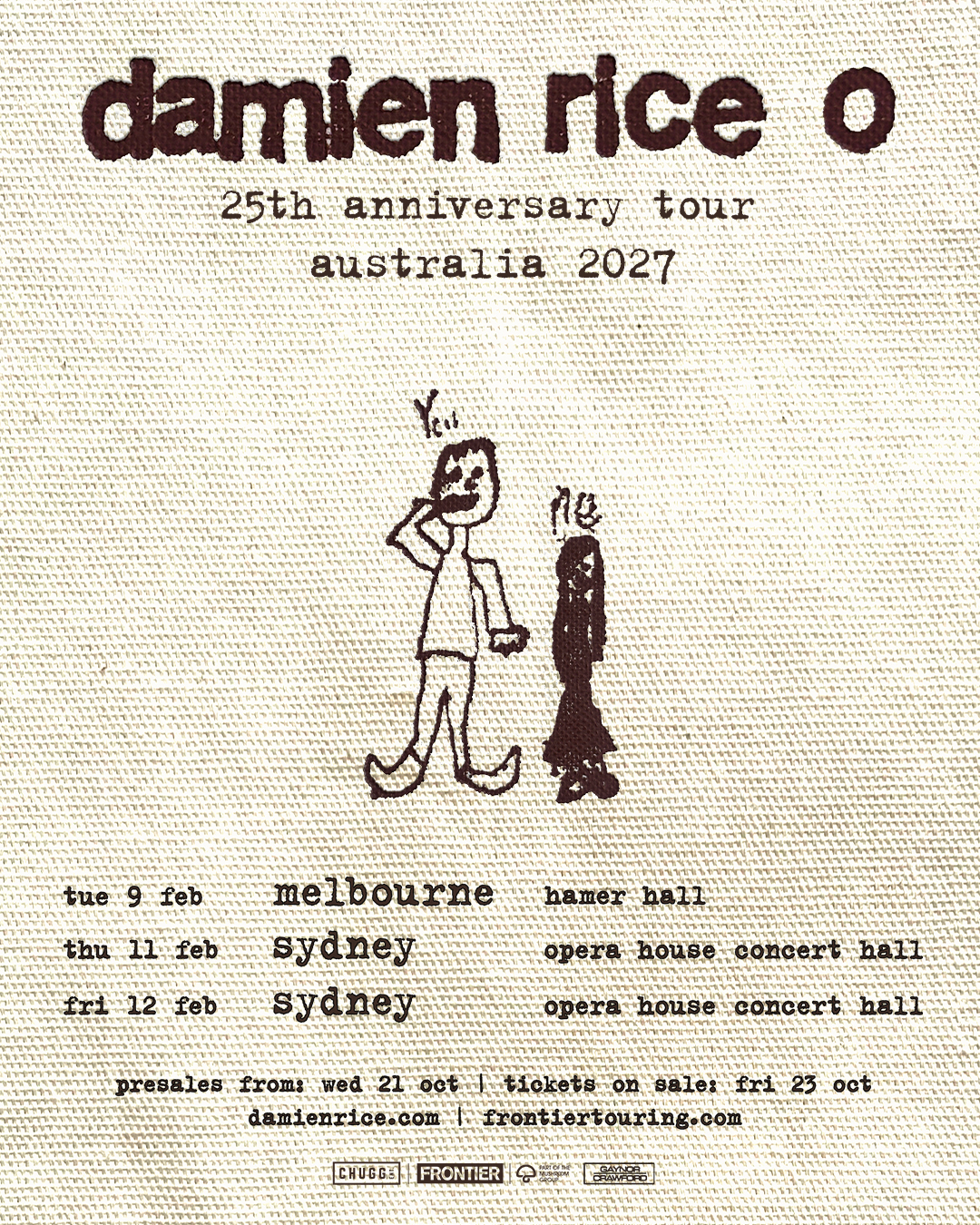 Damien Rice O 25th anniversary tour Australia 2027 poster with hand-drawn artwork and Melbourne and Sydney concert dates on textured fabric.